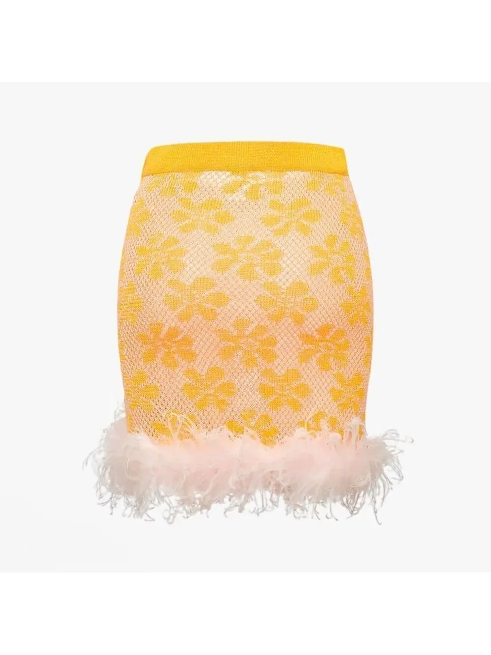 Andreeva Mini Knit Feather Trim Floral Skirt Yellow Size 6